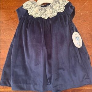 Luli & Me Midnight Blue Velvet Dress with Ivory Lace